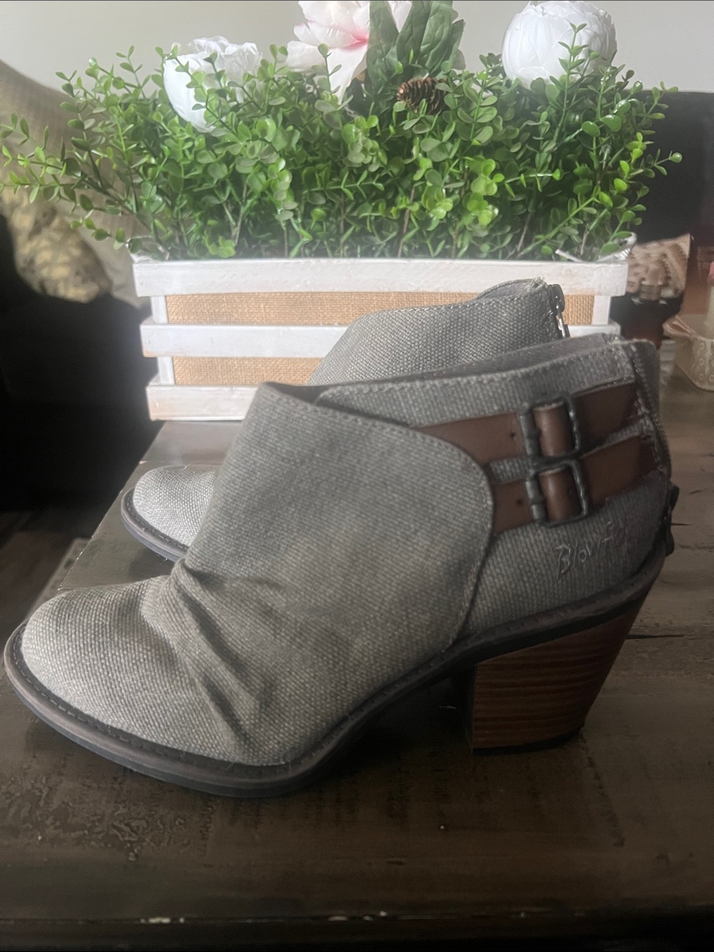 Blowfish Gray Canvas Ankle Booties with Brown Strap Detail